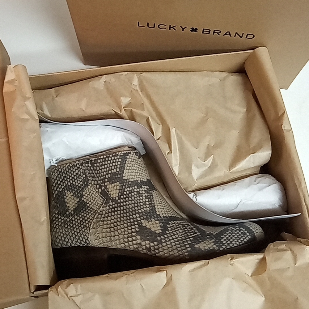 Lucky Brand Beige Snake-Embossed Bhadie Leather Bootie